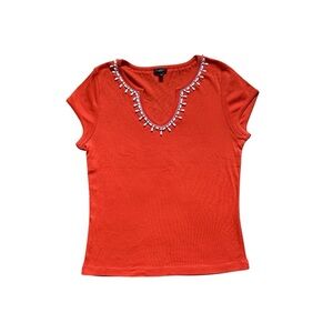 Talbots Top Shirt Womens Large Orange White Chunky Beaded Neckline Career Casual